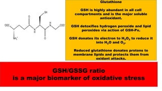 Glutathione
GSH is highly abundant in all cell
compartments and is the major soluble
antioxidant.
GSH detoxifies hydrogen peroxide and lipid
peroxides via action of GSH-Px.
GSH donates its electron to H2O2 to reduce it
into H2O and O2.
Reduced glutathione donates protons to
membrane lipids and protects them from
oxidant attacks.
GSH/GSSG ratio
is a major biomarker of oxidative stress
 