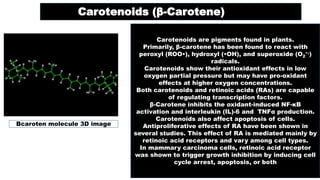 Carotenoids (β-Carotene)
Carotenoids are pigments found in plants.
Primarily, β-carotene has been found to react with
peroxyl (ROO•), hydroxyl (•OH), and superoxide (O2
−.)
radicals.
Carotenoids show their antioxidant effects in low
oxygen partial pressure but may have pro-oxidant
effects at higher oxygen concentrations.
Both carotenoids and retinoic acids (RAs) are capable
of regulating transcription factors.
β-Carotene inhibits the oxidant-induced NF-κB
activation and interleukin (IL)-6 and TNFα production.
Carotenoids also affect apoptosis of cells.
Antiproliferative effects of RA have been shown in
several studies. This effect of RA is mediated mainly by
retinoic acid receptors and vary among cell types.
In mammary carcinoma cells, retinoic acid receptor
was shown to trigger growth inhibition by inducing cell
cycle arrest, apoptosis, or both
Βcaroten molecule 3D image
 