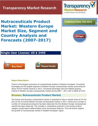Transparency Market Research


Nutraceuticals Product                                                  Published Date: Feb 2012
Market: Western Europe
Market Size, Segment and
Country Analysis and                                                                 84 Pages

Forecasts (2007-2017)


Single User License: US $ 2495




       Report Description:

       France is the largest consumers of nutraceuticals product in Western European. Functional
       beverages are the largest segment of Western Europe nutraceuticals market accounting for
       about 44.5% market revenue in 2011. Functional beverages were the fastest growing
       market of Western Europe nutraceuticals market during 2007 – 2011 with a CAGR of 6.6%.

       Browse: Nutraceuticals Product Market
       The France and Germany nutraceutical market is expected to have a market share of 24.5%
       and 20.3% of overall Western Europe nutraceuticals market in 2017. Continuous increase in
       number of nutraceutical products has been observed into the Western Europe nutraceuticals
       market has been observed. The increase in competitive products in the similar product
       category would lead to differentiation price and product features. This will further support
       the growth of nutraceuticals market in Western European region.
 