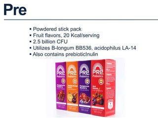  Powdered stick pack
 Fruit flavors, 20 Kcal/serving
 2.5 billion CFU
 Utilizes B-longum BB536, acidophilus LA-14
 Also contains prebioticInulin
Pre
 