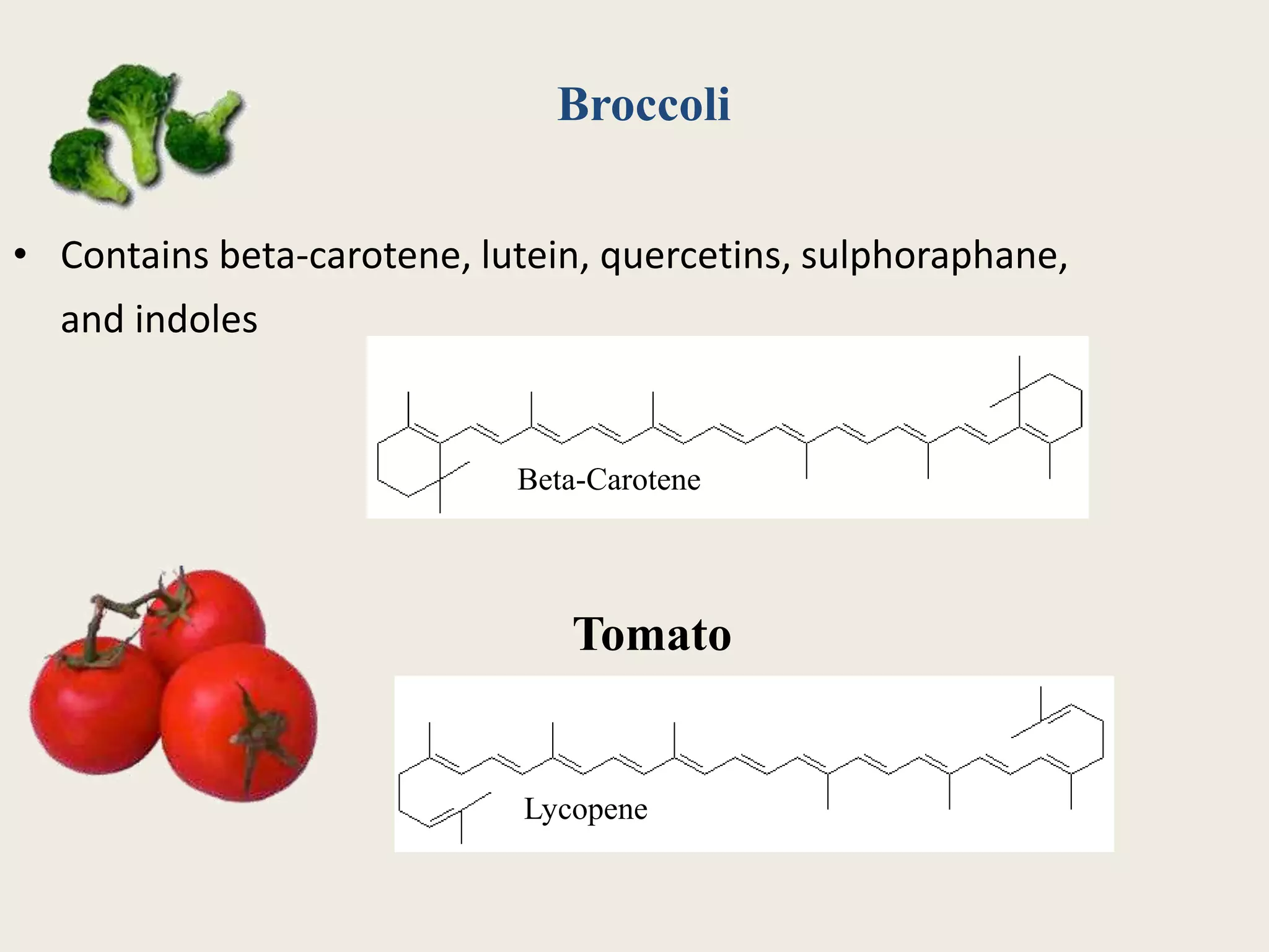 • Contains beta-carotene, lutein, quercetins, sulphoraphane,
and indoles
Beta-Carotene
Lycopene
Tomato
Broccoli
 