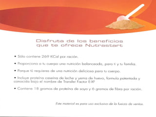Batido con NutraStart
®
sabor
a chocolate y mantequilla de
cacahuate/maní
2 cucharadas de NutraStart sabor a chocolate
1 cucharada de crema de cacahuate/maní
1 taza de leche (coco, almendra, o descremada)
Opcional: ½ taza de hielo
Mezcle todos los ingredientes en la licuadora.
Batido con NutraStart
®
sabor a
chocolate y plátano
2 cucharadas de NutraStart sabor a chocolate
½ plátano
1 taza de leche de almendra (sin azúcar)
Opcional: agregue una cucharada de mantequilla de cacahuate/
maní o almendra.
Mezcle todos los ingredientes en la licuadora.
Batido con NutraStart
®
sabor a
vainilla y manzana
2 cucharadas de NutraStart sabor a vainilla
1 manzana pelada y en trozos (o media taza de puré de manzana)
½ cucharadita de canela en polvo
½ taza de hielo
1 taza de leche (coco, almendra, o descremada)
Mezcle todos los ingredientes en la licuadora.
5
6
7
 