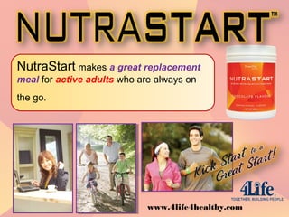 NutraStart makes a great replacement
meal for active adults who are always on
the go.
www.4life4healthy.com
 