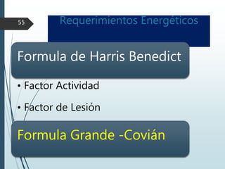 Requerimientos Energéticos
Alimentación Parenteral
55
Formula de Harris Benedict
• Factor Actividad
• Factor de Lesión
Formula Grande -Covián
 