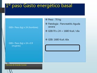 1º paso Gasto energético basal
Fórmula de Grande-Covian
GEB= Peso (kg) x 24 (hombres)
GEB= Peso (kg) x 24 x 0.9
(mujeres)
 Peso : 70 kg
 Patología : Pancreatitis Aguda
severa
 GEB:70 x 24 = 1680 Kcal / día
 GEB: 1680 Kcal /día
 