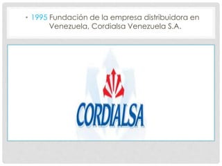 • 1995 Fundación de la empresa distribuidora en
Venezuela, Cordialsa Venezuela S.A.
 