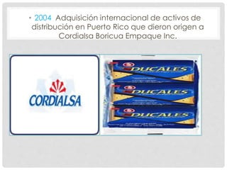 • 2004 Adquisición internacional de activos de
distribución en Puerto Rico que dieron origen a
Cordialsa Boricua Empaque Inc.
Galletas condimentadas
 