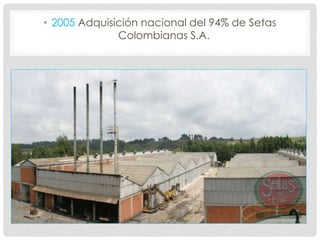 • 2005 Adquisición nacional del 94% de Setas
Colombianas S.A.
 