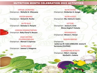 VIRTUAL LAUNCHING:
Chairperson: Michelle N. Villanueva
POSTER MAKING:
Chairperson: Richard R. Peralta
NUTRI-QUIZ:
Chairperson: Gemalyn S. Parayno
COOKING DEMONSTRATION:
Chairperson: Baby Cheryl V. Bauzon
ESSAY WRITING
(FILIPINO/ENGLISH)
Chairperson: Maricel F. Espinosa
NUTRI-JINGLE
Chairperson: Joemar S. Palaganas
NUTRITION MONTH CELEBRATION 2022 ACTIVITIES
NUTRI-TIKTOK:
Chairperson: Kimberlyn D. Gangat
NUTRI-HUGOT:
Chairperson: Ma. Fatima B. Castro
LECTURE:
Chairperson: Jessica G. Erive
Blessa Angela P. Zulueta
INFOGRAPHICS:
Chairperson: Miriam C. Parizal
SLOGAN MAKING:
Chairperson:
Jackie Lou M. Gabis (ENGLISH) Jessica R.
Sarmiento (FILIPINO)
CULMINATING ACTIVITY:
Chairperson: Nida C. Liwanag
Maribeth L. Cedana
 