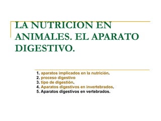 LA NUTRICION EN ANIMALES. EL APARATO DIGESTIVO. 1.  aparatos implicados en la nutrición .  2.  proceso digestivo 3.  tipo de digestión . 4.  Aparatos digestivos en invertebrados . 5. Aparatos digestivos en vertebrados. 