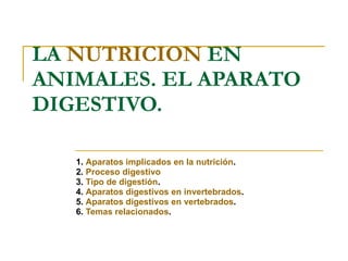 LA  NUTRICION  EN ANIMALES. EL APARATO DIGESTIVO. 1.  Aparatos implicados en la nutrición .  2.  Proceso digestivo 3.  Tipo de digestión . 4.  Aparatos digestivos en invertebrados . 5.  Aparatos digestivos en vertebrados . 6.  Temas relacionados . 