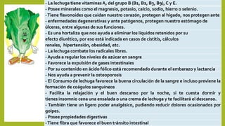 - La lechuga tiene vitaminas A, del grupo B (B1, B2, B3, B9), C y E.
- Posee minerales como el magnesio, potasio, calcio, sodio, hierro o selenio.
-Tiene flavonoides que cuidan nuestro corazón, protegen al hígado, nos protegen ante
- enfermedades degenerativas y ante patógenos, protegen nuestro estómago de
úlceras, entre algunas de sus funciones.
- Es una hortaliza que nos ayuda a eliminar los líquidos retenidos por su
efecto diurético, por eso está indicada en casos de cistitis, cálculos
renales, hipertensión, obesidad, etc.
- La lechuga combate los radicales libres.
- Ayuda a regular los niveles de azúcar en sangre
- Favorece la expulsión de gases intestinales
- Por su contenido en ácido fólico está recomendado durante el embarazo y lactancia
- Nos ayuda a prevenir la osteoporosis
- El Consumo de lechuga favorece la buena circulación de la sangre e incluso previene la
formación de coágulos sanguíneos
- Facilita la relajación y el buen descanso por la noche, si te cuesta dormir y
tienes insomnio cena una ensalada o una crema de lechuga y te facilitará el descanso.
- También tiene un ligero poder analgésico, pudiendo reducir dolores ocasionados por
golpes.
- Posee propiedades digestivas
-Tiene fibra que favorece el buen tránsito intestinal
 