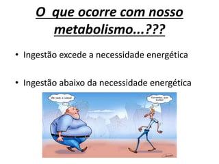 O que ocorre com nosso
metabolismo...???
• Ingestão excede a necessidade energética
• Ingestão abaixo da necessidade energética
 
