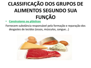 CLASSIFICAÇÃO DOS GRUPOS DE
ALIMENTOS SEGUNDO SUA
FUNÇÃO
• Construtores ou plásticos
Fornecem substância responsável pela formação e reparação dos
desgastes de tecidos (ossos, músculos, sangue...)
 