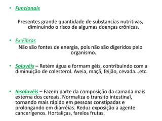 • Funcionais
Presentes grande quantidade de substancias nutritivas,
diminuindo o risco de algumas doenças crônicas.
• Ex:Fibras
Não são fontes de energia, pois não são digeridos pelo
organismo.
• Soluvéis – Retém água e formam géis, contribuindo com a
diminuição de colesterol. Aveia, maçã, feijão, cevada...etc.
• Insoluvéis – Fazem parte da composição da camada mais
externa dos cereais. Normaliza o transito intestinal,
tornando mais rápido em pessoas constipadas e
prolongando em diarréias. Reduz exposição a agente
cancerígenos. Hortaliças, farelos frutas.
 