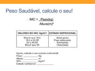 Peso Saudável, calcule o seu!
• IMC = . Peso(kg)
Altura(m)²
 