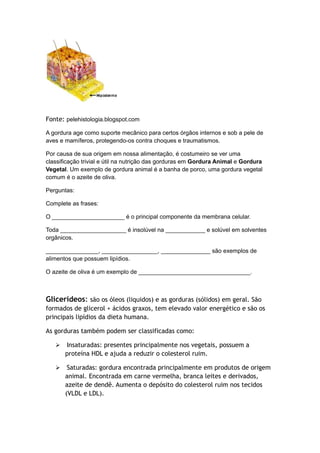 Fonte: pelehistologia.blogspot.com
A gordura age como suporte mecânico para certos órgãos internos e sob a pele de
aves e mamíferos, protegendo-os contra choques e traumatismos.
Por causa de sua origem em nossa alimentação, é costumeiro se ver uma
classificação trivial e útil na nutrição das gorduras em Gordura Animal e Gordura
Vegetal. Um exemplo de gordura animal é a banha de porco, uma gordura vegetal
comum é o azeite de oliva.
Perguntas:
Complete as frases:
O ______________________ é o principal componente da membrana celular.
Toda ____________________ é insolúvel na ____________ e solúvel em solventes
orgânicos.
________________, _________________, _______________ são exemplos de
alimentos que possuem lipídios.
O azeite de oliva é um exemplo de __________________________________.
Glicerídeos: são os óleos (liquidos) e as gorduras (sólidos) em geral. São
formados de glicerol + ácidos graxos, tem elevado valor energético e são os
principais lipídios da dieta humana.
As gorduras também podem ser classificadas como:
 Insaturadas: presentes principalmente nos vegetais, possuem a
proteína HDL e ajuda a reduzir o colesterol ruim.
 Saturadas: gordura encontrada principalmente em produtos de origem
animal. Encontrada em carne vermelha, branca leites e derivados,
azeite de dendê. Aumenta o depósito do colesterol ruim nos tecidos
(VLDL e LDL).
 
