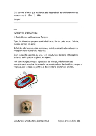 Está correto afirmar que nutrientes são dispensáveis ao funcionamento do
nosso corpo. ( )Sim ( )Não
Porque?
_______________________________________________________________
___________________________________________________________________
___
NUTRIENTES ENERGÉTICOS:
1- Carboidratos ou Hidratos de Carbono
Tipos de alimentos que possuem Carboidratos: Batata, pão, arroz, farinha,
massas, cereais em geral
Definição: são biomoléculas (compostos químicos sintetizados pelos seres
vivos) em maior número na natureza.
É um composto orgânico, ou seja, tem estrutura de Carbono e Hidrogênio,
podendo ainda possuir oxigênio, nitrogênio.
Tem como função principal a produção de energia, mas também são
elementos estruturais e de proteção na parede celular das bactérias, fungos e
vegetais, dos tecidos conjuntivos e do envoltório celular dos animais.
Estrutura de uma bactéria Gram positiva Fungos crescendo no pão
 