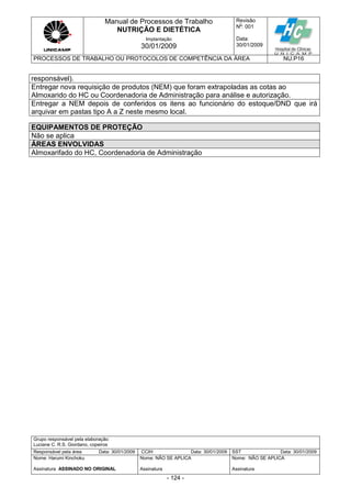 Manual de Processos de Trabalho
NUTRIÇÃO E DIETÉTICA
Revisão
N
o
: 001
Data:
30/01/2009
Implantação
30/01/2009
PROCESSOS DE TRABALHO OU PROTOCOLOS DE COMPETÊNCIA DA ÁREA NU.P16
Grupo responsável pela elaboração:
Luciane C. R.S. Giordano, copeiros
Responsável pela área Data: 30/01/2009 CCIH Data: 30/01/2009 SST Data: 30/01/2009
Nome: Harumi Kinchoku
Assinatura ASSINADO NO ORIGINAL
Nome: NÃO SE APLICA
Assinatura
Nome: NÃO SE APLICA
Assinatura
- 124 -
responsável).
Entregar nova requisição de produtos (NEM) que foram extrapoladas as cotas ao
Almoxarido do HC ou Coordenadoria de Administração para análise e autorização.
Entregar a NEM depois de conferidos os itens ao funcionário do estoque/DND que irá
arquivar em pastas tipo A a Z neste mesmo local.
EQUIPAMENTOS DE PROTEÇÃO
Não se aplica
ÁREAS ENVOLVIDAS
Almoxarifado do HC, Coordenadoria de Administração
 