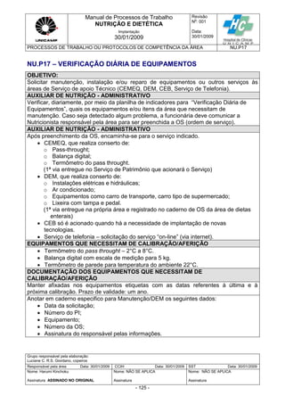 Manual de Processos de Trabalho
NUTRIÇÃO E DIETÉTICA
Revisão
N
o
: 001
Data:
30/01/2009
Implantação
30/01/2009
PROCESSOS DE TRABALHO OU PROTOCOLOS DE COMPETÊNCIA DA ÁREA NU.P17
Grupo responsável pela elaboração:
Luciane C. R.S. Giordano, copeiros
Responsável pela área Data: 30/01/2009 CCIH Data: 30/01/2009 SST Data: 30/01/2009
Nome: Harumi Kinchoku
Assinatura ASSINADO NO ORIGINAL
Nome: NÃO SE APLICA
Assinatura
Nome: NÃO SE APLICA
Assinatura
- 125 -
NU.P17 – VERIFICAÇÃO DIÁRIA DE EQUIPAMENTOS
OBJETIVO:
Solicitar manutenção, instalação e/ou reparo de equipamentos ou outros serviços às
áreas de Serviço de apoio Técnico (CEMEQ, DEM, CEB, Serviço de Telefonia).
AUXILIAR DE NUTRIÇÃO - ADMINISTRATIVO
Verificar, diariamente, por meio da planilha de indicadores para “Verificação Diária de
Equipamentos”, quais os equipamentos e/ou itens da área que necessitam de
manutenção. Caso seja detectado algum problema, a funcionária deve comunicar a
Nutricionista responsável pela área para ser preenchida a OS (ordem de serviço).
AUXILIAR DE NUTRIÇÃO - ADMINISTRATIVO
Após preenchimento da OS, encaminha-se para o serviço indicado.
 CEMEQ, que realiza conserto de:
o Pass-throught;
o Balança digital;
o Termômetro do pass throught.
(1ª via entregue no Serviço de Patrimônio que acionará o Serviço)
 DEM, que realiza conserto de:
o Instalações elétricas e hidráulicas;
o Ar condicionado;
o Equipamentos como carro de transporte, carro tipo de supermercado;
o Lixeira com tampa e pedal.
(1ª via entregue na própria área e registrado no caderno de OS da área de dietas
enterais)
 CEB só é acionado quando há a necessidade de implantação de novas
tecnologias.
 Serviço de telefonia – solicitação do serviço “on-line” (via internet).
EQUIPAMENTOS QUE NECESSITAM DE CALIBRAÇÃO/AFERIÇÃO
 Termômetro do pass throught – 2°C a 8°C.
 Balança digital com escala de medição para 5 kg.
 Termômetro de parede para temperatura do ambiente 22°C.
DOCUMENTAÇÃO DOS EQUIPAMENTOS QUE NECESSITAM DE
CALIBRAÇÃO/AFERIÇÃO
Manter afixadas nos equipamentos etiquetas com as datas referentes à última e à
próxima calibração. Prazo de validade: um ano.
Anotar em caderno especifico para Manutenção/DEM os seguintes dados:
 Data da solicitação;
 Número do PI;
 Equipamento;
 Número da OS;
 Assinatura do responsável pelas informações.
 