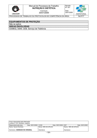 Manual de Processos de Trabalho
NUTRIÇÃO E DIETÉTICA
Revisão
N
o
: 001
Data:
30/01/2009
Implantação
30/01/2009
PROCESSOS DE TRABALHO OU PROTOCOLOS DE COMPETÊNCIA DA ÁREA NU.P17
Grupo responsável pela elaboração:
Luciane C. R.S. Giordano, copeiros
Responsável pela área Data: 30/01/2009 CCIH Data: 30/01/2009 SST Data: 30/01/2009
Nome: Harumi Kinchoku
Assinatura ASSINADO NO ORIGINAL
Nome: NÃO SE APLICA
Assinatura
Nome: NÃO SE APLICA
Assinatura
- 126 -
EQUIPAMENTOS DE PROTEÇÃO
Não se aplica
ÁREAS ENVOLVIDAS
CEMEQ, DEM, CEB, Serviço de Telefonia
 