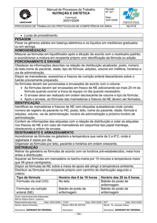 Manual de Processos de Trabalho
NUTRIÇÃO E DIETÉTICA
Revisão
N
o
: 001
Data:
30/01/2009
Implantação
30/01/2009
PROCESSOS DE TRABALHO OU PROTOCOLOS DE COMPETÊNCIA DA ÁREA NU.P18
Grupo responsável pela elaboração:
Márcia Regina Banin, copeiros
Responsável pela área Data: 30/01/2009 CCIH Data: 30/01/2009 SST Data: 30/01/2009
Nome: Harumi Kinchoku
Assinatura ASSINADO NO ORIGINAL
Nome: NÃO SE APLICA
Assinatura
Nome: Sr. Jacques Gama
Assinatura ASSINADO NO ORIGINAL
- 134 -
 Luvas de procedimento.
PESAGEM
Pesar os gêneros sólidos em balança eletrônica e os líquidos em medidores graduados
ou em seringa.
HOMOGENEIZAÇÃO
Misturar as fórmulas em liquidificador após a diluição de acordo com o receituário padrão,
e acondicionar a mistura em recipiente próprio com identificação da fórmula ou adição.
PORCIONAMENTO E ENVASE
Obedecer às informações descritas na relação de distribuição atualizada: posto, número
do leito,nome do paciente, idade, tipo de fórmula, adições, volume em mililitros, horários e
via de administração.
Dispor as mamadeiras, acessórios e frascos de nutrição enteral descartáveis sobre o
balcão previamente preparado.
As fórmulas devem ser porcionadas e envasadas de acordo com o volume:
 As fórmulas devem ser envasadas em frasco de NE adicionando-se mais 25 ml da
fórmula quando ocorrer a troca do equipo no dia quando necessário;
 O envase deve ser realizado em ordem decrescente de volume e tipo de fórmula;
 Após o envase, as fórmulas das mamadeiras e frascos de NE devem ser fechados.
IDENTIFICAÇÃO
Identificar as mamadeiras e frascos de NE com etiquetas autoadesivas onde consta:
número de registro do paciente no HC, posto, leito, nome do paciente, idade, fórmula e
adições, volume, via de administração, horário de administração e próximo horário de
administração.
Conferir as informações das etiquetas com a relação de distribuição e colar as etiquetas
nos frascos de NE e em caso de mamadeiras em saquinhos tipo papel manteiga,
obedecendo a ordem de envase.
RESFRIAMENTO E ARMAZENAMENTO
Acondicionar as fórmulas na geladeira a temperatura que varia de 2 a 8°C, onde é
registrada 4 vezes por dia.
Organizar as fórmulas por leito, paciente e horários em ordem crescente.
DISTRIBUIÇÃO
Retirar da geladeira as fórmulas de acordo com os horários pré-estabelecidos, meia hora
antes a distribuição.
Aquecer as fórmulas em mamadeira no banho-maria por 15 minutos a temperatura maior
que 56 graus centígrados.
Dispor as fórmulas de NE sobre a mesa de apoio até atingir a temperatura ambiente.
Distribuir as fórmulas em recipiente próprio com carrinho de distribuição segundo o
critério:
Tipo de fórmula Horário das 8 às 18 horas Horário das 20 às 6 horas
Fórmulas via oral (VO) No leito Balcão do posto de
enfermagem
Fórmulas via nutrição
enteral (NE)
Balcão do posto de
enfermagem
Balcão do posto de
enfermagem
 