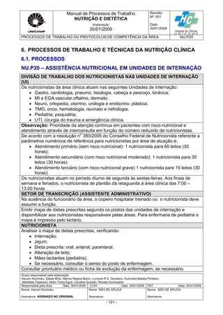 Manual de Processos de Trabalho
NUTRIÇÃO E DIETÉTICA
Revisão
N
o
: 001
Data:
30/01/2009
Implantação
30/01/2009
PROCESSOS DE TRABALHO OU PROTOCOLOS DE COMPETÊNCIA DA ÁREA NU.P20
Grupo responsável pela elaboração:
Harumi Kinchoku, Salete Brito, Márcia Regina Banin, Luciane R.S. Giordano, Dulcinéia Batista Pinheiro,
Maristela Talamoni, Akiko Toma Eguti, Carolina Scarato, Renata Scomparim
Responsável pela área Data: 30/01/2009 CCIH Data: 30/01/2009 SST Data: 30/01/2009
Nome: Harumi Kinchoku
Assinatura ASSINADO NO ORIGINAL
Nome: NÃO SE APLICA
Assinatura
Nome: NÃO SE APLICA
Assinatura
- 151 -
6. PROCESSOS DE TRABALHO E TÉCNICAS DA NUTRIÇÃO CLÍNICA
6.1. PROCESSOS
NU.P20 – ASSISTÊNCIA NUTRICIONAL EM UNIDADES DE INTERNAÇÃO
DIVISÃO DE TRABALHO DOS NUTRICIONISTAS NAS UNIDADES DE INTERNAÇÃO
(UI)
Os nutricionistas da área clinica atuam nas seguintes Unidades de Internação:
 Gastro, cardiologia, pneumo, tisiologia, cabeça e pescoço, torácica;
 MI e EGA,vascular,oftalmo, dermato;
 Neuro, ortopedia, otorrino, urologia e endócrino; plástica;
 TMO, onco, hematologia, reumato e nefrologia;
 Pediatria; psiquiatria;
 UTI, cirurgia do trauma e emergência clínica.
Observação: Prioridade da atenção contínua em pacientes com risco nutricional e
atendimento através de interconsulta em função do número reduzido de nutricionistas.
De acordo com a resolução no
380/2005 do Conselho Federal de Nutricionista referente a
parâmetros numéricos de referência para nutricionistas por área de atuação é:
 Atendimento primário (sem risco nutricional): 1 nutricionista para 60 leitos (30
horas);
 Atendimento secundário (com risco nutricional moderado): 1 nutricionista para 30
leitos (30 horas);
 Atendimento terciário (com risco nutricional grave) 1 nutricionista para 15 leitos (30
horas).
Os nutricionistas atuam no período diurno de segunda às sextas-feiras. Aos finais de
semana e feriados, o nutricionista de plantão dá retaguarda à área clínica das 7:00 –
13:00 horas
SETOR DE TRANSCRIÇÃO (ASSISTENTE ADMINISTRATIVO)
Na ausência do funcionário da área, o copeiro hospitalar treinado ou o nutricionista deve
assumir a função.
Emitir mapa de dietas prescritas segundo os postos das unidades de internação e
disponibilizar aos nutricionistas responsáveis pelas áreas. Para enfermaria de pediatria o
mapa é impresso pelo lactário.
NUTRICIONISTA
Analisar o mapa de dietas prescritas, verificando:
 Internação;
 Jejum;
 Dieta prescrita: oral, enteral, parenteral;
 Alteração de leito;
 Mães lactantes (pediatria);
 Se necessário, consultar o senso do posto de enfermagem.
Consultar prontuário médico ou ficha de evolução da enfermagem, se necessário.
 