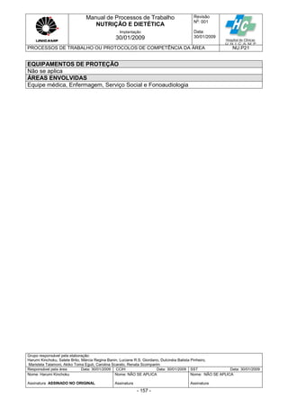 Manual de Processos de Trabalho
NUTRIÇÃO E DIETÉTICA
Revisão
N
o
: 001
Data:
30/01/2009
Implantação
30/01/2009
PROCESSOS DE TRABALHO OU PROTOCOLOS DE COMPETÊNCIA DA ÁREA NU.P21
Grupo responsável pela elaboração:
Harumi Kinchoku, Salete Brito, Márcia Regina Banin, Luciane R.S. Giordano, Dulcinéia Batista Pinheiro,
Maristela Talamoni, Akiko Toma Eguti, Carolina Scarato, Renata Scomparim
Responsável pela área Data: 30/01/2009 CCIH Data: 30/01/2009 SST Data: 30/01/2009
Nome: Harumi Kinchoku
Assinatura ASSINADO NO ORIGINAL
Nome: NÃO SE APLICA
Assinatura
Nome: NÃO SE APLICA
Assinatura
- 157 -
EQUIPAMENTOS DE PROTEÇÃO
Não se aplica
ÁREAS ENVOLVIDAS
Equipe médica, Enfermagem, Serviço Social e Fonoaudiologia
 