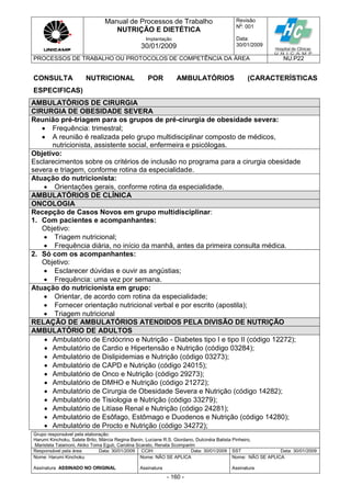 Manual de Processos de Trabalho
NUTRIÇÃO E DIETÉTICA
Revisão
N
o
: 001
Data:
30/01/2009
Implantação
30/01/2009
PROCESSOS DE TRABALHO OU PROTOCOLOS DE COMPETÊNCIA DA ÁREA NU.P22
Grupo responsável pela elaboração:
Harumi Kinchoku, Salete Brito, Márcia Regina Banin, Luciane R.S. Giordano, Dulcinéia Batista Pinheiro,
Maristela Talamoni, Akiko Toma Eguti, Carolina Scarato, Renata Scomparim
Responsável pela área Data: 30/01/2009 CCIH Data: 30/01/2009 SST Data: 30/01/2009
Nome: Harumi Kinchoku
Assinatura ASSINADO NO ORIGINAL
Nome: NÃO SE APLICA
Assinatura
Nome: NÃO SE APLICA
Assinatura
- 160 -
CONSULTA NUTRICIONAL POR AMBULATÓRIOS (CARACTERÍSTICAS
ESPECIFICAS)
AMBULATÓRIOS DE CIRURGIA
CIRURGIA DE OBESIDADE SEVERA
Reunião pré-triagem para os grupos de pré-cirurgia de obesidade severa:
 Frequência: trimestral;
 A reunião é realizada pelo grupo multidisciplinar composto de médicos,
nutricionista, assistente social, enfermeira e psicólogas.
Objetivo:
Esclarecimentos sobre os critérios de inclusão no programa para a cirurgia obesidade
severa e triagem, conforme rotina da especialidade.
Atuação do nutricionista:
 Orientações gerais, conforme rotina da especialidade.
AMBULATÓRIOS DE CLÍNICA
ONCOLOGIA
Recepção de Casos Novos em grupo multidisciplinar:
1. Com pacientes e acompanhantes:
Objetivo:
 Triagem nutricional;
 Frequência diária, no início da manhã, antes da primeira consulta médica.
2. Só com os acompanhantes:
Objetivo:
 Esclarecer dúvidas e ouvir as angústias;
 Frequência: uma vez por semana.
Atuação do nutricionista em grupo:
 Orientar, de acordo com rotina da especialidade;
 Fornecer orientação nutricional verbal e por escrito (apostila);
 Triagem nutricional
RELAÇÃO DE AMBULATÓRIOS ATENDIDOS PELA DIVISÃO DE NUTRIÇÃO
AMBULATÓRIO DE ADULTOS
 Ambulatório de Endócrino e Nutrição - Diabetes tipo I e tipo II (código 12272);
 Ambulatório de Cardio e Hipertensão e Nutrição (código 03284);
 Ambulatório de Dislipidemias e Nutrição (código 03273);
 Ambulatório de CAPD e Nutrição (código 24015);
 Ambulatório de Onco e Nutrição (código 29273);
 Ambulatório de DMHO e Nutrição (código 21272);
 Ambulatório de Cirurgia de Obesidade Severa e Nutrição (código 14282);
 Ambulatório de Tisiologia e Nutrição (código 33279);
 Ambulatório de Litíase Renal e Nutrição (código 24281);
 Ambulatório de Esôfago, Estômago e Duodenos e Nutrição (código 14280);
 Ambulatório de Procto e Nutrição (código 34272);
 