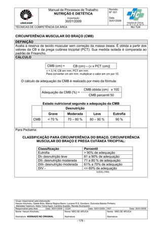 Manual de Processos de Trabalho
NUTRIÇÃO E DIETÉTICA
Revisão
N
o
: 001
Data:
30/01/2009
Implantação
30/01/2009
TÉCNICAS DE COMPETÊNCIA DA ÁREA NU.T24
Grupo responsável pela elaboração:
Harumi Kinchoku, Salete Brito, Márcia Regina Banin, Luciane R.S. Giordano, Dulcinéia Batista Pinheiro,
Maristela Talamoni, Akiko Toma Eguti, Carolina Scarato, Renata Scomparim
Responsável pela área Data: 30/01/2009 CCIH Data: 30/01/2009 SST Data: 30/01/2009
Nome: Harumi Kinchoku
Assinatura ASSINADO NO ORIGINAL
Nome: NÃO SE APLICA
Assinatura
Nome: NÃO SE APLICA
Assinatura
- 178 -
CIRCUNFERÊNCIA MUSCULAR DO BRAÇO (CMB)
DEFINIÇÃO
Avalia a reserva de tecido muscular sem correção da massa óssea. É obtida a partir dos
valores da CB e da prega cutânea tricipital (PCT). Sua medida isolada é comparada ao
padrão de Frisancho.
CÁLCULO
CMB (cm) = CB (cm) – ( x PCT (cm)]
 = 3,14; CB em mm, PCT em mm.
Para converter cm em mm, multiplicar o valor em cm por 10.
O cálculo de adequação da CMB é realizado por meio da fórmula:
Adequação da CMB (%) =
CMB obtida (cm) x 100
CMB percentil 50
Estado nutricional segundo a adequação da CMB
Desnutrição
Grave Moderada Leve Eutrofia
CMB < 70 % 70 – 80 % 80 – 90 % 90 %
Para Pediatria:
CLASSIFICAÇÃO PARA CIRCUNFERÊNCIA DO BRAÇO, CIRCUNFERÊNCIA
MUSCULAR DO BRAÇO E PREGA CUTÂNEA TRICIPTAL:
Classificação Percentil
Eutrofia > 90% de adequação
DI- desnutrição leve 81 a 90% de adequação
DII- desnutrição moderada 71 a 80 % de adequação
DIII- desnutrição moderada 61% a 70% de adequação
DIV - <= 60% de adequação
Jellife,1966.
 
