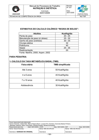 Manual de Processos de Trabalho
NUTRIÇÃO E DIETÉTICA
Revisão
N
o
: 001
Data:
30/01/2009
Implantação
30/01/2009
TÉCNICAS DE COMPETÊNCIA DA ÁREA NU.T26
Grupo responsável pela elaboração:
Harumi Kinchoku, Salete Brito, Márcia Regina Banin, Luciane R.S. Giordano, Dulcinéia Batista Pinheiro,
Maristela Talamoni, Akiko Toma Eguti, Carolina Scarato, Renata Scomparim
Responsável pela área Data: 30/01/2009 CCIH Data: 30/01/2009 SST Data: 30/01/2009
Nome: Harumi Kinchoku
Assinatura ASSINADO NO ORIGINAL
Nome: NÃO SE APLICA
Assinatura
Nome: NÃO SE APLICA
Assinatura
- 188 -
ESTIMATIVA DO CALCULO CALÓRICO “REGRA DE BOLSO”:
Adultos Kcal/kg/dia
Perda de peso 20 - 25
Manutenção de peso (s/ stress) 25 - 30
Ganho de peso (s/stress) 30 - 35
Cirurgia eletiva 32
Politrauma 40
Sepse 25 - 35
Realimentação 20
Fonte: Martins, 2000; Aspen, 2002
PARA PEDIATRIA
1- CALCULO DA TAXA METABÓLICA BASAL (TMB)
Faixa etária TMB simplificada
Até 3 anos 55 Kcal/Kg/dia
4 a 6 anos 45 Kcal/Kg/dia
7 a 10 anos 40 Kcal/Kg/dia
Adolescência 30 Kcal/Kg/dia
 
