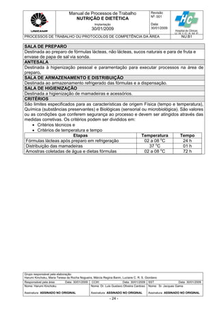 Manual de Processos de Trabalho
NUTRIÇÃO E DIETÉTICA
Revisão
N
o
: 001
Data:
30/01/2009
Implantação
30/01/2009
PROCESSOS DE TRABALHO OU PROTOCOLOS DE COMPETÊNCIA DA ÁREA NU.B1
Grupo responsável pela elaboração:
Harumi Kinchoku, Maria Teresa da Rocha Nogueira, Márcia Regina Banin, Luciane C. R. S. Giordano
Responsável pela área Data: 30/01/2009 CCIH Data: 30/01/2009 SST Data: 30/01/2009
Nome: Harumi Kinchoku
Assinatura ASSINADO NO ORIGINAL
Nome: Dr. Luis Gustavo Oliveira Cardoso
Assinatura ASSINADO NO ORIGINAL
Nome: Sr. Jacques Gama
Assinatura ASSINADO NO ORIGINAL
- 24 -
SALA DE PREPARO
Destinada ao preparo de fórmulas lácteas, não lácteas, sucos naturais e para de fruta e
envase de papa de sal via sonda.
ANTESALA
Destinada à higienização pessoal e paramentação para executar processos na área de
preparo.
SALA DE ARMAZENAMENTO E DISTRIBUIÇÃO
Destinada ao armazenamento refrigerado das fórmulas e a dispensação.
SALA DE HIGIENIZAÇÃO
Destinada a higienização de mamadeiras e acessórios.
CRITÉRIOS
São limites especificados para as características de origem Física (tempo e temperatura),
Química (substâncias preservantes) e Biológicas (sensorial ou microbiológica). São valores
ou as condições que conferem segurança ao processo e devem ser atingidos através das
medidas corretivas. Os critérios podem ser divididos em:
 Critérios técnicos e
 Critérios de temperatura e tempo
Etapas Temperatura Tempo
Fórmulas lácteas após preparo em refrigeração 02 a 08 o
C 24 h
Distribuição das mamadeiras 37 o
C 01 h
Amostras coletadas de água e dietas fórmulas 02 a 08 o
C 72 h
 
