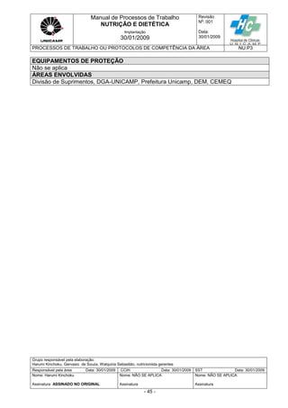 Manual de Processos de Trabalho
NUTRIÇÃO E DIETÉTICA
Revisão
N
o
: 001
Data:
30/01/2009
Implantação
30/01/2009
PROCESSOS DE TRABALHO OU PROTOCOLOS DE COMPETÊNCIA DA ÁREA NU.P3
Grupo responsável pela elaboração:
Harumi Kinchoku, Gervasio de Souza, Walquiria Sebastião, nutricionista gerentes
Responsável pela área Data: 30/01/2009 CCIH Data: 30/01/2009 SST Data: 30/01/2009
Nome: Harumi Kinchoku
Assinatura ASSINADO NO ORIGINAL
Nome: NÃO SE APLICA
Assinatura
Nome: NÃO SE APLICA
Assinatura
- 45 -
EQUIPAMENTOS DE PROTEÇÃO
Não se aplica
ÁREAS ENVOLVIDAS
Divisão de Suprimentos, DGA-UNICAMP, Prefeitura Unicamp, DEM, CEMEQ
 