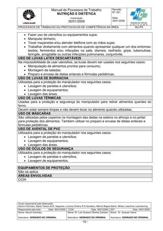 Manual de Processos de Trabalho
NUTRIÇÃO E DIETÉTICA
Revisão
N
o
: 001
Data:
30/01/2009
Implantação
30/01/2009
PROCESSOS DE TRABALHO OU PROTOCOLOS DE COMPETÊNCIA DA ÁREA NU.P5
Grupo responsável pela elaboração:
Harumi Kinchoku, Maria Teresa da R. Nogueira, Luciane Cristina R S Giordano, Márcia Regina Banin, Mirtes Loeschner Leichsenring
Responsável pela área Data: 30/01/2009 CCIH Data: 30/01/2009 SST Data: 30/01/2009
Nome: Harumi Kinchoku
Assinatura ASSINADO NO ORIGINAL
Nome: Dr. Luis Gustavo Oliveira Cardoso
Assinatura ASSINADO NO ORIGINAL
Nome: Sr. Jacques Gama
Assinatura ASSINADO NO ORIGINAL
- 52 -
 Fazer uso de utensílios ou equipamentos sujos;
 Manipular dinheiro;
 Tocar maçanetas e/ou atender telefone com as mãos sujas;
 Trabalhar diretamente com alimentos quando apresentar qualquer um dos sintomas:
lesões, ferimentos e/ou infecções na pele, diarreia, resfriado, gripe, tuberculose,
faringite, amigdalite ou outras infecções pulmonares, conjuntivite.
USO DE LUVAS LATEX DESCARTÁVEIS
Na impossibilidade de usar utensílios, as luvas devem ser usadas nos seguintes casos:
 Manipulação de alimentos prontos para consumo;
 Montagem de saladas;
 Preparo e envase de dietas enterais e fórmulas pediátricas.
USO DE LUVAS DE BORRACHA
Utilizadas para a proteção do manipulador nos seguintes casos:
 Lavagem de panelas e utensílios;
 Lavagem de equipamentos;
 Lavagem das áreas.
USO DE LUVAS TÉRMICAS
Usadas para a proteção e segurança do manipulador para retirar alimentos quentes do
forno.
Devem estar sempre limpas e não devem tocar no alimento quando utilizadas.
USO DE MÁSCARAS
São utilizadas pelos copeiros na montagem das dietas na esteira no almoço e no jantar
para proteção dos alimentos. Também utilizar no preparo e envase de dietas enterais e
fórmulas pediátricas.
USO DE AVENTAL DE PVC
Utilizados para a proteção do manipulador nos seguintes casos:
 Lavagem de panelas e utensílios;
 Lavagem de equipamentos;
 Lavagem das áreas.
USO DE ÓCULOS DE SEGURANÇA
Utilizados para a proteção do manipulador nos seguintes casos:
 Lavagem de panelas e utensílios;
 Lavagem de equipamentos.
EQUIPAMENTOS DE PROTEÇÃO
Não se aplica
ÁREAS ENVOLVIDAS
CCIH
 