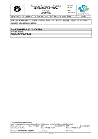 Manual de Processos de Trabalho
NUTRIÇÃO E DIETÉTICA
Revisão
N
o
: 001
Data:
30/01/2009
Implantação
30/01/2009
PROCESSOS DE TRABALHO OU PROTOCOLOS DE COMPETÊNCIA DA ÁREA NU.P6
Grupo responsável pela elaboração:
Maria Teresa da Rocha Nogueira, Luciane Cristina R S Giordano, Márcia Regina Banin, Akiko Toma Eguti
Responsável pela área Data: 30/01/2009 CCIH Data: 30/01/2009 SST Data: 30/01/2009
Nome: Harumi Kinchoku
Assinatura ASSINADO NO ORIGINAL
Nome: NÃO SE APLICA
Assinatura
Nome: NÃO SE APLICA
Assinatura
- 57 -
Falta de funcionário A nutricionista da área ou de plantão deverá acionar um funcionário
treinado para assumir a área.
EQUIPAMENTOS DE PROTEÇÃO
Não se aplica
ÁREAS ENVOLVIDAS
 