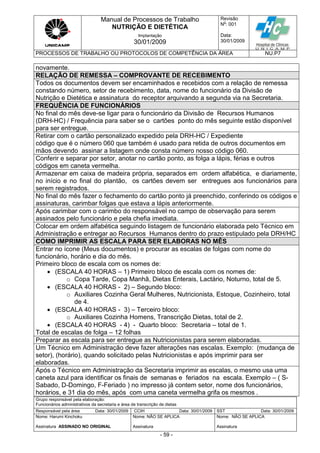 Manual de Processos de Trabalho
NUTRIÇÃO E DIETÉTICA
Revisão
N
o
: 001
Data:
30/01/2009
Implantação
30/01/2009
PROCESSOS DE TRABALHO OU PROTOCOLOS DE COMPETÊNCIA DA ÁREA NU.P7
Grupo responsável pela elaboração:
Funcionários administrativos da secretaria e área de transcrição de dietas
Responsável pela área Data: 30/01/2009 CCIH Data: 30/01/2009 SST Data: 30/01/2009
Nome: Harumi Kinchoku
Assinatura ASSINADO NO ORIGINAL
Nome: NÃO SE APLICA
Assinatura
Nome: NÃO SE APLICA
Assinatura
- 59 -
novamente.
RELAÇÃO DE REMESSA – COMPROVANTE DE RECEBIMENTO
Todos os documentos devem ser encaminhados e recebidos com a relação de remessa
constando número, setor de recebimento, data, nome do funcionário da Divisão de
Nutrição e Dietética e assinatura do receptor arquivando a segunda via na Secretaria.
FREQUÊNCIA DE FUNCIONÁRIOS
No final do mês deve-se ligar para o funcionário da Divisão de Recursos Humanos
(DRH-HC) / Frequência para saber se o cartões ponto do mês seguinte estão disponível
para ser entregue.
Retirar com o cartão personalizado expedido pela DRH-HC / Expediente
código que é o número 060 que também é usado para retida de outros documentos em
mãos devendo assinar a listagem onde consta número nosso código 060.
Conferir e separar por setor, anotar no cartão ponto, as folga a lápis, férias e outros
códigos em caneta vermelha.
Armazenar em caixa de madeira própria, separados em ordem alfabética, e diariamente,
no início e no final do plantão, os cartões devem ser entregues aos funcionários para
serem registrados.
No final do mês fazer o fechamento do cartão ponto já preenchido, conferindo os códigos e
assinaturas, carimbar folgas que estava a lápis anteriormente.
Após carimbar com o carimbo do responsável no campo de observação para serem
assinados pelo funcionário e pela chefia imediata.
Colocar em ordem alfabética seguindo listagem de funcionário elaborada pelo Técnico em
Administração e entregar ao Recursos Humanos dentro do prazo estipulado pela DRH/HC
COMO IMPRIMIR AS ESCALA PARA SER ELABORAS NO MÊS
Entrar no ícone (Meus documentos) e procurar as escalas de folgas com nome do
funcionário, horário e dia do mês.
Primeiro bloco de escala com os nomes de:
 (ESCALA 40 HORAS – 1) Primeiro bloco de escala com os nomes de:
o Copa Tarde, Copa Manhã, Dietas Enterais, Lactário, Noturno, total de 5.
 (ESCALA 40 HORAS - 2) – Segundo bloco:
o Auxiliares Cozinha Geral Mulheres, Nutricionista, Estoque, Cozinheiro, total
de 4.
 (ESCALA 40 HORAS - 3) – Terceiro bloco:
o Auxiliares Cozinha Homens, Transcrição Dietas, total de 2.
 (ESCALA 40 HORAS - 4) - Quarto bloco: Secretaria – total de 1.
Total de escalas de folga – 12 folhas
Preparar as escala para ser entregue as Nutricionistas para serem elaboradas.
Um Técnico em Administração deve fazer alterações nas escalas. Exemplo: (mudança de
setor), (horário), quando solicitado pelas Nutricionistas e após imprimir para ser
elaboradas.
Após o Técnico em Administração da Secretaria imprimir as escalas, o mesmo usa uma
caneta azul para identificar os finais de semanas e feriados na escala. Exemplo – ( S-
Sabado, D-Domingo, F-Feriado ) no impresso já contem setor, nome dos funcionários,
horários, e 31 dia do mês, após com uma caneta vermelha grifa os mesmos .
 