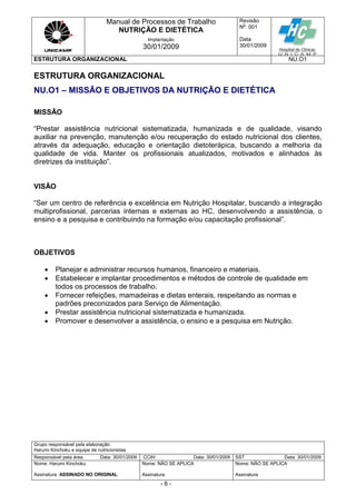 Manual de Processos de Trabalho
NUTRIÇÃO E DIETÉTICA
Revisão
N
o
: 001
Data:
30/01/2009
Implantação
30/01/2009
ESTRUTURA ORGANIZACIONAL NU.O1
Grupo responsável pela elaboração:
Harumi Kinchoku e equipe de nutricionistas
Responsável pela área Data: 30/01/2009 CCIH Data: 30/01/2009 SST Data: 30/01/2009
Nome: Harumi Kinchoku
Assinatura ASSINADO NO ORIGINAL
Nome: NÃO SE APLICA
Assinatura
Nome: NÃO SE APLICA
Assinatura
- 6 -
ESTRUTURA ORGANIZACIONAL
NU.O1 – MISSÃO E OBJETIVOS DA NUTRIÇÃO E DIETÉTICA
MISSÃO
“Prestar assistência nutricional sistematizada, humanizada e de qualidade, visando
auxiliar na prevenção, manutenção e/ou recuperação do estado nutricional dos clientes,
através da adequação, educação e orientação dietoterápica, buscando a melhoria da
qualidade de vida. Manter os profissionais atualizados, motivados e alinhados às
diretrizes da instituição”.
VISÃO
“Ser um centro de referência e excelência em Nutrição Hospitalar, buscando a integração
multiprofissional, parcerias internas e externas ao HC, desenvolvendo a assistência, o
ensino e a pesquisa e contribuindo na formação e/ou capacitação profissional”.
OBJETIVOS
 Planejar e administrar recursos humanos, financeiro e materiais.
 Estabelecer e implantar procedimentos e métodos de controle de qualidade em
todos os processos de trabalho.
 Fornecer refeições, mamadeiras e dietas enterais, respeitando as normas e
padrões preconizados para Serviço de Alimentação.
 Prestar assistência nutricional sistematizada e humanizada.
 Promover e desenvolver a assistência, o ensino e a pesquisa em Nutrição.
 