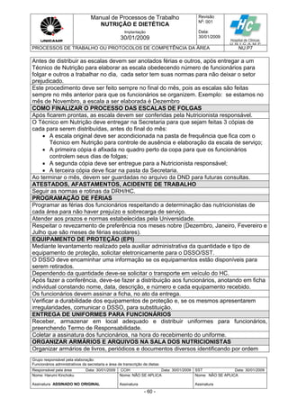 Manual de Processos de Trabalho
NUTRIÇÃO E DIETÉTICA
Revisão
N
o
: 001
Data:
30/01/2009
Implantação
30/01/2009
PROCESSOS DE TRABALHO OU PROTOCOLOS DE COMPETÊNCIA DA ÁREA NU.P7
Grupo responsável pela elaboração:
Funcionários administrativos da secretaria e área de transcrição de dietas
Responsável pela área Data: 30/01/2009 CCIH Data: 30/01/2009 SST Data: 30/01/2009
Nome: Harumi Kinchoku
Assinatura ASSINADO NO ORIGINAL
Nome: NÃO SE APLICA
Assinatura
Nome: NÃO SE APLICA
Assinatura
- 60 -
Antes de distribuir as escalas devem ser anotados férias e outros, após entregar a um
Técnico de Nutrição para elaborar as escala obedecendo número de funcionários para
folgar e outros a trabalhar no dia, cada setor tem suas normas para não deixar o setor
prejudicado.
Este procedimento deve ser feito sempre no final do mês, pois as escalas são feitas
sempre no mês anterior para que os funcionários se organizem. Exemplo: se estamos no
mês de Novembro, a escala a ser elaborada é Dezembro
COMO FINALIZAR O PROCESSO DAS ESCALAS DE FOLGAS
Após ficarem prontas, as escala devem ser conferidas pela Nutricionista responsável.
O Técnico em Nutrição deve entregar na Secretaria para que sejam feitas 3 cópias de
cada para serem distribuídas, antes do final do mês:
 A escala original deve ser acondicionada na pasta de frequência que fica com o
Técnico em Nutrição para controle de ausência e elaboração da escala de serviço;
 A primeira cópia é afixada no quadro perto da copa para que os funcionários
controlem seus dias de folgas;
 A segunda cópia deve ser entregue para a Nutricionista responsável;
 A terceira cópia deve ficar na pasta da Secretaria.
Ao terminar o mês, devem ser guardadas no arquivo da DND para futuras consultas.
ATESTADOS, AFASTAMENTOS, ACIDENTE DE TRABALHO
Seguir as normas e rotinas da DRH/HC.
PROGRAMAÇÃO DE FÉRIAS
Programar as férias dos funcionários respeitando a determinação das nutricionistas de
cada área para não haver prejuízo e sobrecarga de serviço.
Atender aos prazos e normas estabelecidas pela Universidade.
Respeitar o revezamento de preferência nos meses nobre (Dezembro, Janeiro, Fevereiro e
Julho que são meses de férias escolares).
EQUIPAMENTO DE PROTEÇÃO (EPI)
Mediante levantamento realizado pela auxiliar administrativa da quantidade e tipo de
equipamento de proteção, solicitar eletronicamente para o DSSO/SST.
O DSSO deve encaminhar uma informação se os equipamentos estão disponíveis para
serem retirados.
Dependendo da quantidade deve-se solicitar o transporte em veículo do HC.
Após fazer a conferência, deve-se fazer a distribuição aos funcionários, anotando em ficha
individual constando nome, data, descrição, e número e cada equipamento recebido.
Os funcionários devem assinar a ficha, no ato da entrega.
Verificar a durabilidade dos equipamentos de proteção e, se os mesmos apresentarem
irregularidades, comunicar o DSSO, para substituição.
ENTREGA DE UNIFORMES PARA FUNCIONÁRIOS
Receber, armazenar em local adequado e distribuir uniformes para funcionários,
preenchendo Termo de Responsabilidade.
Coletar a assinatura dos funcionários, na hora do recebimento do uniforme.
ORGANIZAR ARMÁRIOS E ARQUIVOS NA SALA DOS NUTRICIONISTAS
Organizar armários de livros, periódicos e documentos diversos identificando por ordem
 
