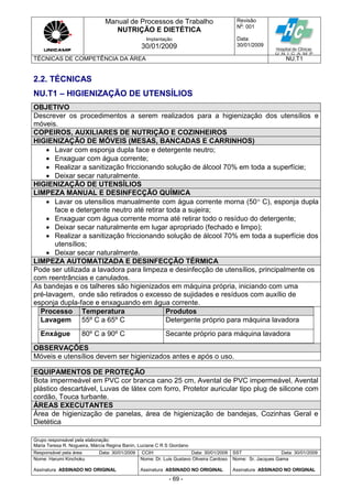 Manual de Processos de Trabalho
NUTRIÇÃO E DIETÉTICA
Revisão
N
o
: 001
Data:
30/01/2009
Implantação
30/01/2009
TÉCNICAS DE COMPETÊNCIA DA ÁREA NU.T1
Grupo responsável pela elaboração:
Maria Teresa R. Nogueira, Márcia Regina Banin, Luciane C R S Giordano
Responsável pela área Data: 30/01/2009 CCIH Data: 30/01/2009 SST Data: 30/01/2009
Nome: Harumi Kinchoku
Assinatura ASSINADO NO ORIGINAL
Nome: Dr. Luis Gustavo Oliveira Cardoso
Assinatura ASSINADO NO ORIGINAL
Nome: Sr. Jacques Gama
Assinatura ASSINADO NO ORIGINAL
- 69 -
2.2. TÉCNICAS
NU.T1 – HIGIENIZAÇÃO DE UTENSÍLIOS
OBJETIVO
Descrever os procedimentos a serem realizados para a higienização dos utensílios e
móveis.
COPEIROS, AUXILIARES DE NUTRIÇÃO E COZINHEIROS
HIGIENIZAÇÃO DE MÓVEIS (MESAS, BANCADAS E CARRINHOS)
 Lavar com esponja dupla face e detergente neutro;
 Enxaguar com água corrente;
 Realizar a sanitização friccionando solução de álcool 70% em toda a superfície;
 Deixar secar naturalmente.
HIGIENIZAÇÃO DE UTENSÍLIOS
LIMPEZA MANUAL E DESINFECÇÃO QUÍMICA
 Lavar os utensílios manualmente com água corrente morna (50 C), esponja dupla
face e detergente neutro até retirar toda a sujeira;
 Enxaguar com água corrente morna até retirar todo o resíduo do detergente;
 Deixar secar naturalmente em lugar apropriado (fechado e limpo);
 Realizar a sanitização friccionando solução de álcool 70% em toda a superfície dos
utensílios;
 Deixar secar naturalmente.
LIMPEZA AUTOMATIZADA E DESINFECÇÃO TÉRMICA
Pode ser utilizada a lavadora para limpeza e desinfecção de utensílios, principalmente os
com reentrâncias e canulados.
As bandejas e os talheres são higienizados em máquina própria, iniciando com uma
pré-lavagem, onde são retirados o excesso de sujidades e resíduos com auxílio de
esponja dupla-face e enxaguando em água corrente.
Processo Temperatura Produtos
Lavagem 55º C a 65º C Detergente próprio para máquina lavadora
Enxágue 80º C a 90º C Secante próprio para máquina lavadora
OBSERVAÇÕES
Móveis e utensílios devem ser higienizados antes e após o uso.
EQUIPAMENTOS DE PROTEÇÃO
Bota impermeável em PVC cor branca cano 25 cm, Avental de PVC impermeável, Avental
plástico descartável, Luvas de látex com forro, Protetor auricular tipo plug de silicone com
cordão, Touca turbante.
ÁREAS EXECUTANTES
Área de higienização de panelas, área de higienização de bandejas, Cozinhas Geral e
Dietética
 