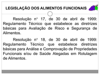 LEGISLAÇÃO DOS ALIMENTOS FUNCIONAIS
Resolução n° 17, de 30 de abril de 1999:
Regulamento Técnico que estabelece as diretrizes
básicas para Avaliação de Risco e Segurança de
Alimentos.
Resolução n° 18, de 30 de abril de 1999:
Regulamento Técnico que estabelece diretrizes
básicas para Análise e Comprovação de Propriedades
Funcionais e/ou de Saúde Alegadas em Rotulagem
de Alimentos.
 