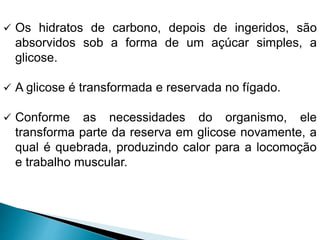  Os hidratos de carbono, depois de ingeridos, são
absorvidos sob a forma de um açúcar simples, a
glicose.
 A glicose é transformada e reservada no fígado.
 Conforme as necessidades do organismo, ele
transforma parte da reserva em glicose novamente, a
qual é quebrada, produzindo calor para a locomoção
e trabalho muscular.
 
