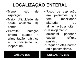 VANTAGENS DESVANTAGENS
Menor risco de
aspiração.
Maior dificuldade de
saída acidental da
sonda.
Permite nutrição
enteral quando a
alimentação gástrica
é inconveniente ou
inoportuna.
Risco de aspiração
em pacientes que
têm mobilidade
alterada ou
alimentação à noite.
Desalojamento
acidental, podendo
causar refluxo
gástrico.
Requer dietas normo
ou hipoosmolares.
 