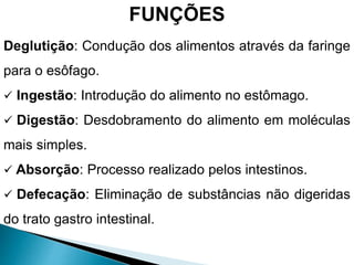 FUNÇÕES
Deglutição: Condução dos alimentos através da faringe
para o esôfago.
 Ingestão: Introdução do alimento no estômago.
 Digestão: Desdobramento do alimento em moléculas
mais simples.
 Absorção: Processo realizado pelos intestinos.
 Defecação: Eliminação de substâncias não digeridas
do trato gastro intestinal.
 