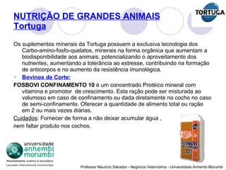 NUTRIÇÃO DE GRANDES ANIMAIS Tortuga Os suplementos minerais da Tortuga possuem a exclusiva tecnologia dos Carbo-amino-fosfo-quelatos, minerais na forma orgânica que aumentam a biodisponibilidade aos animais, potencializando o aproveitamento dos nutrientes, aumentando a tolerância ao estresse, contribuindo na formação de anticorpos e no aumento da resistência imunológica. Bovinos de Corte: FOSBOVI CONFINAMENTO 10  é um concentrado Protéico mineral com vitamina e promotor  de crescimento. Esta ração pode ser misturada ao volumoso em caso de confinamento ou dada diretamente no cocho no caso de semi-confinamento. Oferecer a quantidade de alimento total ou ração em 2 ou mais vezes diárias.   Cuidados : Fornecer de forma a não deixar acumular água , nem faltar produto nos cochos. 