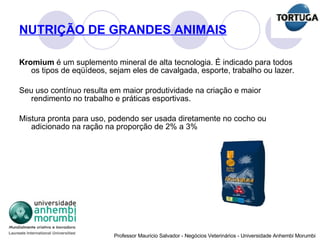 NUTRIÇÃO DE GRANDES ANIMAIS Kromium  é um suplemento mineral de alta tecnologia. É indicado para todos os tipos de eqüídeos, sejam eles de cavalgada, esporte, trabalho ou lazer.  Seu uso contínuo resulta em maior produtividade na criação e maior rendimento no trabalho e práticas esportivas.  Mistura pronta para uso, podendo ser usada diretamente no cocho ou adicionado na ração na proporção de 2% a 3%  