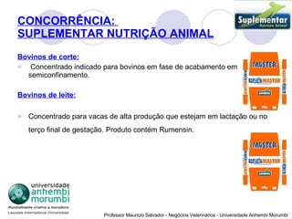 CONCORRÊNCIA:  SUPLEMENTAR NUTRIÇÃO ANIMAL Bovinos de corte: Concentrado indicado para bovinos em fase de acabamento em semiconfinamento. Bovinos de leite: Concentrado para vacas de alta produção que estejam em lactação ou no terço final de gestação. Produto contém Rumensin.   