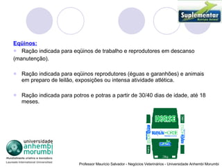 Eqüinos: Ração indicada para eqüinos de trabalho e reprodutores em descanso (manutenção). Ração indicada para eqüinos reprodutores (éguas e garanhões) e animais em preparo de leilão, exposições ou intensa atividade atlética. Ração indicada para potros e potras a partir de 30/40 dias de idade, até 18 meses. 