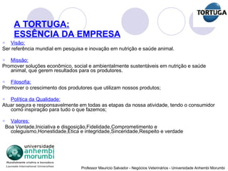 A TORTUGA: ESSÊNCIA DA EMPRESA Visão: Ser referência mundial em pesquisa e inovação em nutrição e saúde animal. Missão: Promover soluções econômico, social e ambientalmente sustentáveis em nutrição e saúde animal, que gerem resultados para os produtores. Filosofia: Promover o crescimento dos produtores que utilizam nossos produtos; Política da Qualidade: Atuar segura e responsavelmente em todas as etapas da nossa atividade, tendo o consumidor como inspiração para tudo o que fazemos; Valores: Boa Vontade,Iniciativa e disposição,Fidelidade,Comprometimento e coleguismo,Honestidade,Ética e integridade,Sinceridade,Respeito e verdade 
