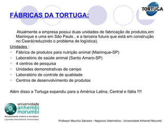 FÁBRICAS DA TORTUGA: Atualmente a empresa possui duas unidades de fabricação de produtos,em Mairinque e uma em São Paulo , e a terceira futura que está em construção no Ceará(reduzindo o problema de logística). Unidades  : Fábrica de produtos para nutrição animal (Mairinque-SP) Laboratório de saúde animal (Santo Amaro-SP) 4 centros de pesquisa  Unidades demonstrativas de campo Laboratório de controle de qualidade Centros de desenvolvimento de produtos Além disso a Tortuga expandiu para a América Latina, Central e Itália !!!! 