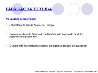 FÁBRICAS DA TORTUGA Na unidade de São Paulo: Laboratório de Saúde Animal da Tortuga;  Com capacidade de fabricação de 8 milhões de frascos de produtos injetávies e orais por ano; É totalmente automatizado e possui um rigoroso controle de qualidade; 